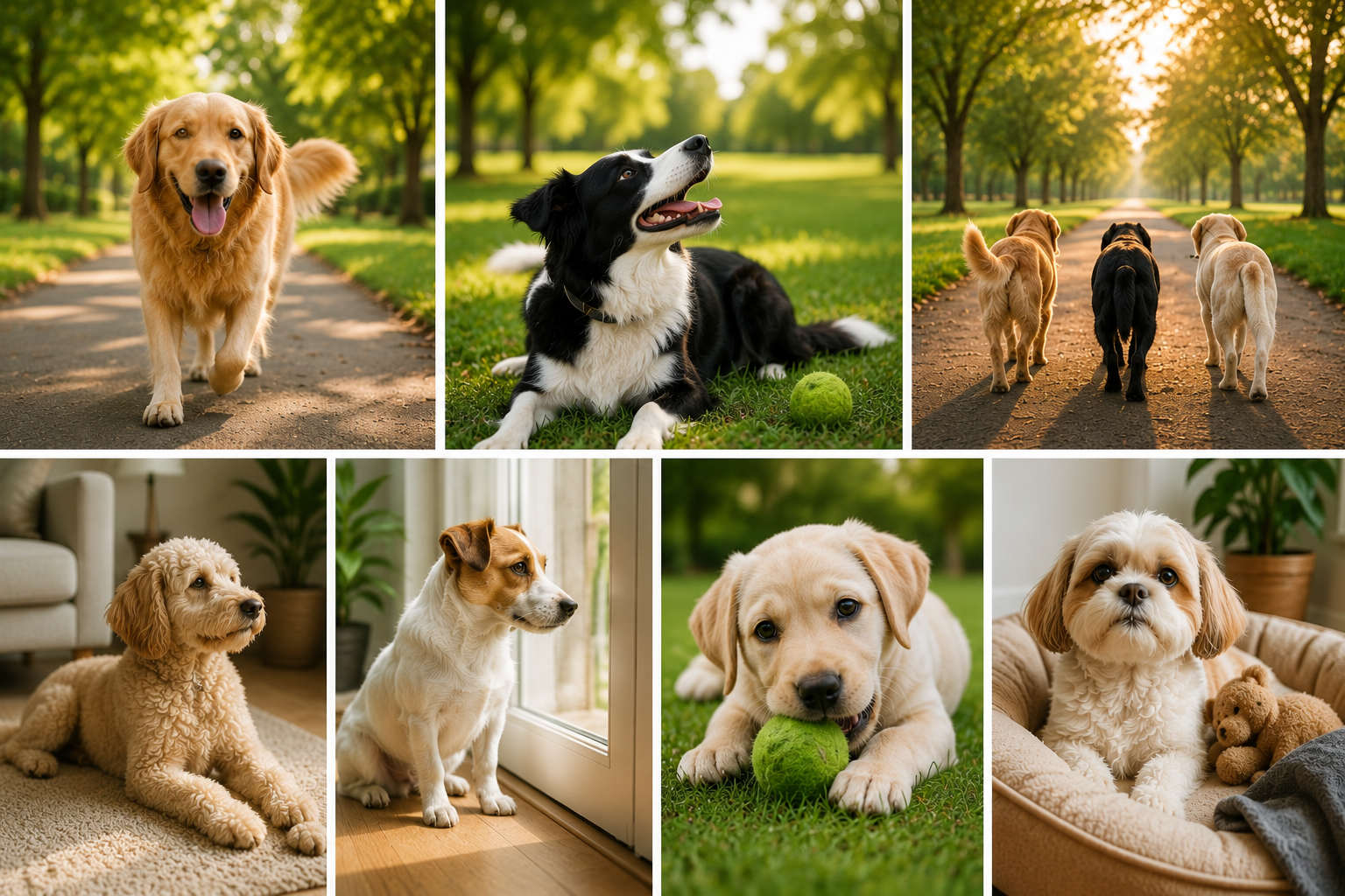 Dogs enjoying walking, playtime, and pet care