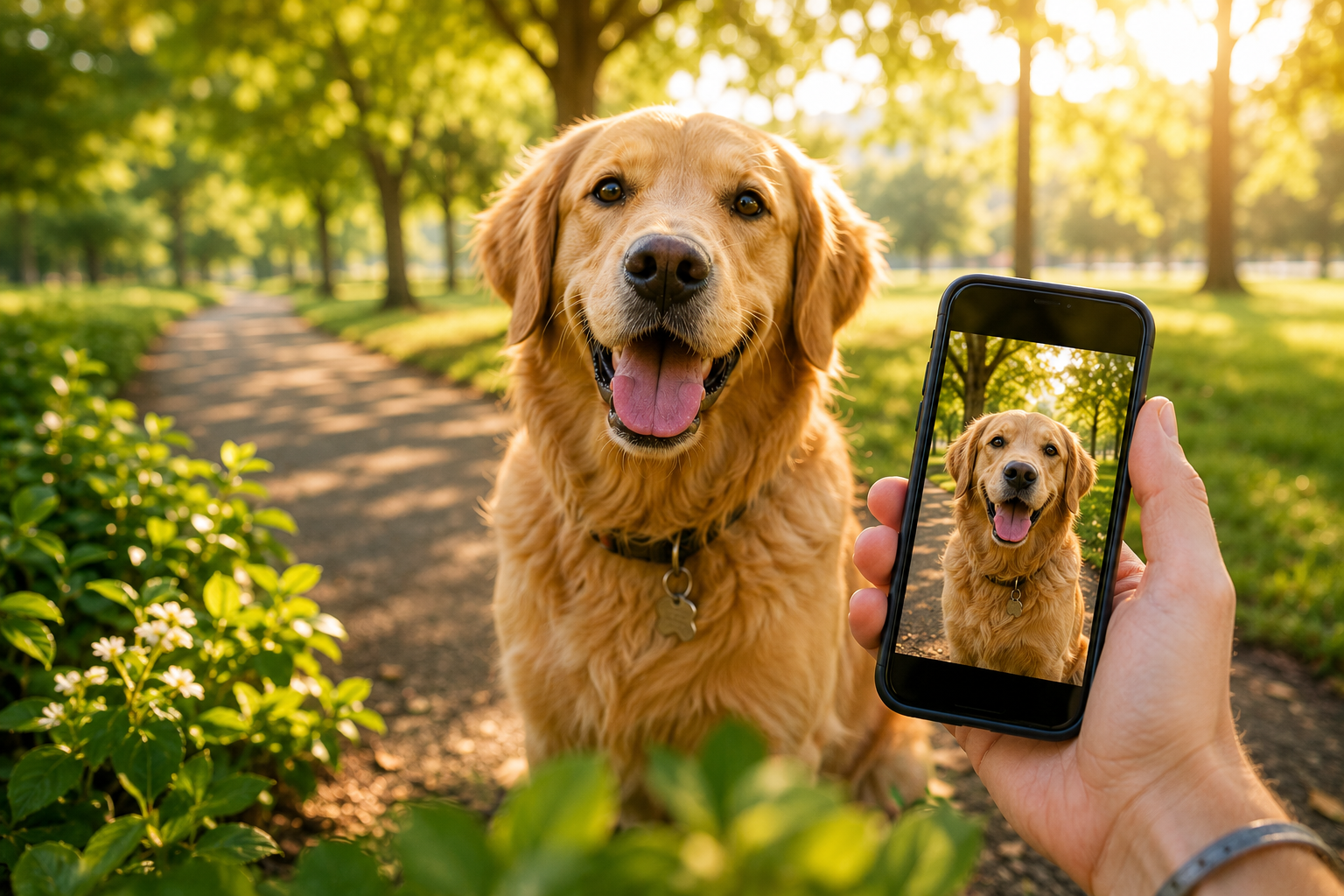 A happy dog being photographed during a visit